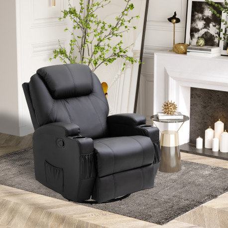 Recliner Armchair, Rocking Massage Swivel PU Leather Manual Reclining Chair with Adjustable Leg Rest, Drink Holders, Side Pocket