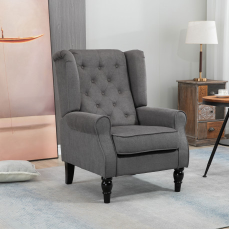 Retro Accent Chair, Wingback Armchair with Wood Frame Button Tufted Design for Living Room Bedroom, Dark Grey