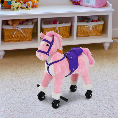 Rocking Horse Kids Ride on Walking Horse Animal Pony Wheeled Riding Plush Toy w/Sound for 3 Years and Up (Pink)