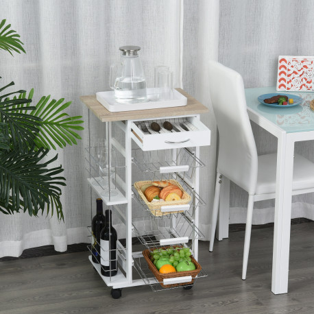 Rolling Kitchen Cart, Utility Storage Cart with 4 Basket Drawers & Side Racks, Wheels for Dining Room, Natural and White