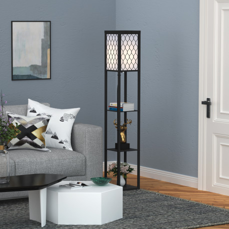 Shelf Floor Lamp Standing Lamp W/4-tier Wooden Open Shelves,26L x 26W x 160Hcm-Black/White