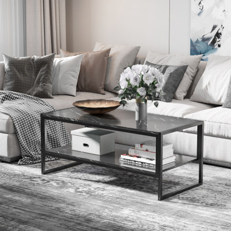 Coffee Table, Two-Tier Marble Centre Table with Metal Frame and Storage Shelf for Living Room, 106 x 50 x 45cm, Black