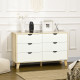 Bedroom Chest of Drawers, Wide 6-Drawer Dresser, Storage Drawer Unit with Wood Legs for Living Room, White and Light Brown