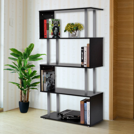 S Shape Bookcase, 5 Tiers Bookshelf, Modern Freestanding Storage Shelf for Home Office, Study, Living Room, 80 x 30 x 145cm Blac