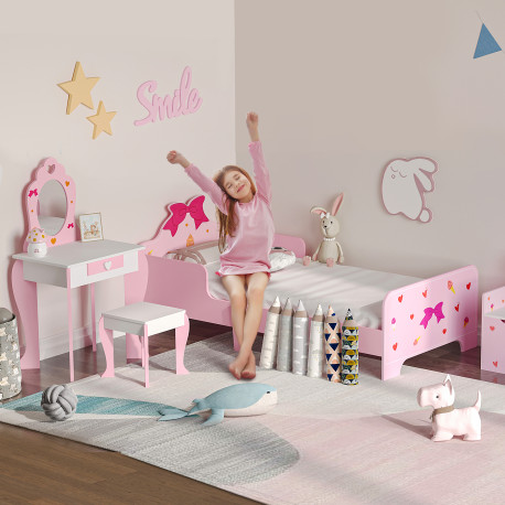 ZONEKIZ 3PCs Kids Bedroom Furniture Set with Bed, Dressing Table and Stool, Princess Themed, for 3-6 Years Old, Pink