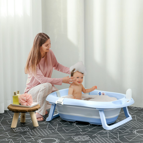 ZONEKIZ Foldable Baby Bathtub, with Non-Slip Support Legs, Cushion Pad, Shower Holder - Blue