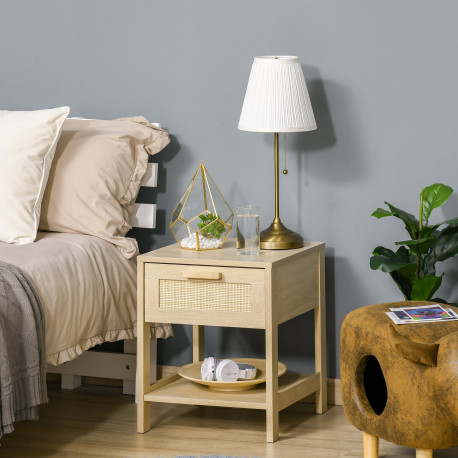 Nightstand with Rattan Drawer and Storage Shelf, Bedside End Table for Bedroom, Living Room