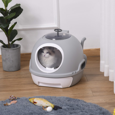 PawHut Cat Litter Box Toilet with Litter Scoop Enclosed Drawer, Front Entry Top Exit, Easy To Clean Grey