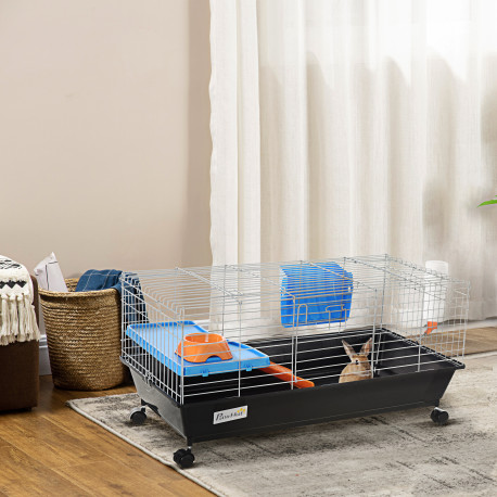 PawHut Small Animal Cage Rabbit Guinea Pigs Chinchillas Cage w/ Wheels Water Bottle Food Dish Platform Ramp 89 x 44 x 43 cm Blac