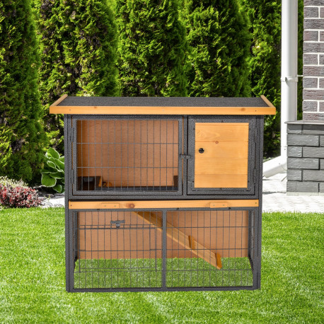 PawHut Guinea Pig Hutch Rabbit Hutch Wood-metal Elevated Pet House Bunny Cage with No-Leak Tray Ramp Openable Roof Outdoor 89.5 