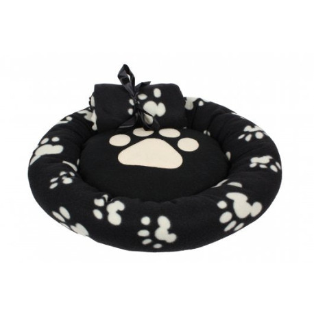 Dream Paws Bed 55x55cm & Blanket 80x80cm Bundle Set Black Fleece Pawprint