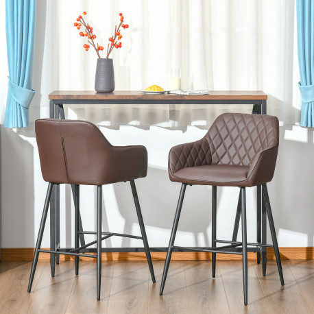 Set of 2 Bar stools Retro PU Leather Bar Chairs w/ Footrest Metal Frame Comfort Support Stylish Dining Seating Home Brown