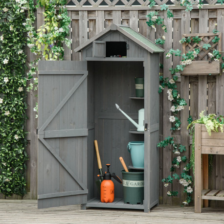 Outsunny Wooden Garden Shed, Utility Outdoor Small Shed with Lockable Double Doors, Shelves and Roof Hatch, Grey