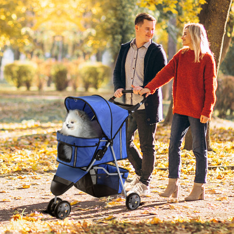 PawHut Dog Stroller, 3 Wheels Foldable Cat Dog Pram with Cup Holder, Storage Basket, Pet Stroller for Small Miniature Dogs, Blue