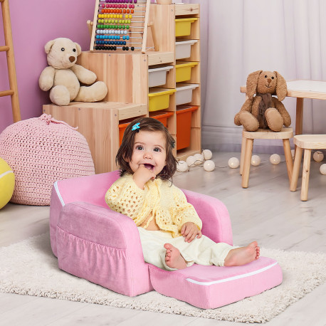 2-in-1 Kids Armchair, Toddler Sofa Bed, with Wood Frame, for Bedroom, Playroom - Pink