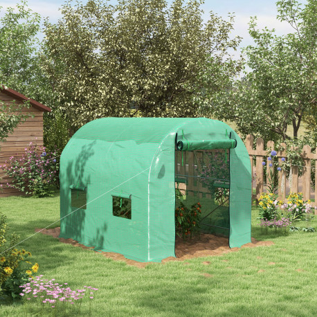 Outsunny Walk-In Garden Polytunnel Greenhouse with Steel Frame, PE Cover, Roll-Up Door and 4 Windows, 2.5 x 2m, Green