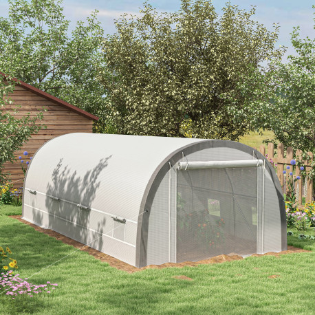 Outsunny 6 x 3(m) Polytunnel Greenhouse with Upgraded Structure, Mesh Door and Windows, 15 Plant Labels, White