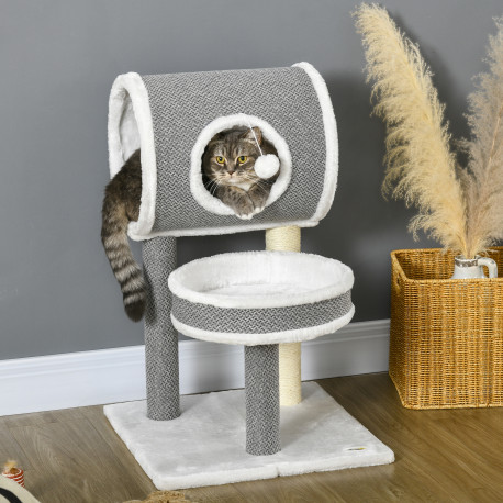 PawHut Cat Tree for Indoor Cats, with Scratching Post, Bed, Tunnel, Toy Ball, 48 x 48 x 73cm - White