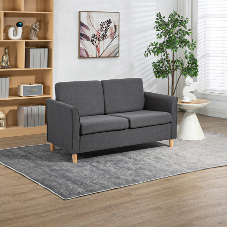 Compact Loveseat Sofa, Modern 2 Seater Sofa for Living Room with Wood Legs and Armrests, Dark Grey