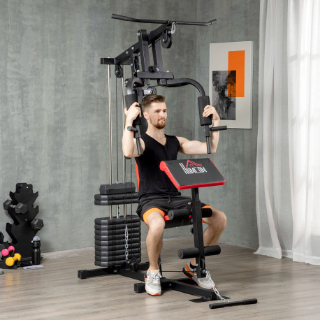 Multigym Station, with 66KG Weight Stack, for Strength Training - Red & Black