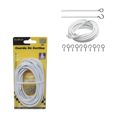 Net Curtain Wire Window Cord Cable with Hooks for Indoor Outdoor 5m - White