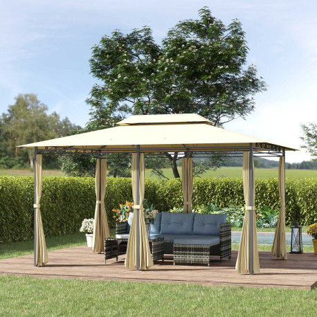 Outsunny 4m x 3(m)Garden Gazebo, Double Roof Outdoor Gazebo Canopy Shelter with Curtains, Solid Steel Frame for Lawn and Deck, B