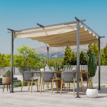 Outsunny 3 x 3(m) Metal Pergola with Retractable Roof, Garden Gazebo Metal Pergola Canopy. Outdoor Sun Shade Shelter for Party B