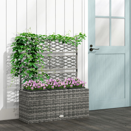 Outsunny 33L Garden PE Rattan Planter with Trellis, Free Standing Flower Raised Bed for Garden, Garden Planter for Climbing Plan