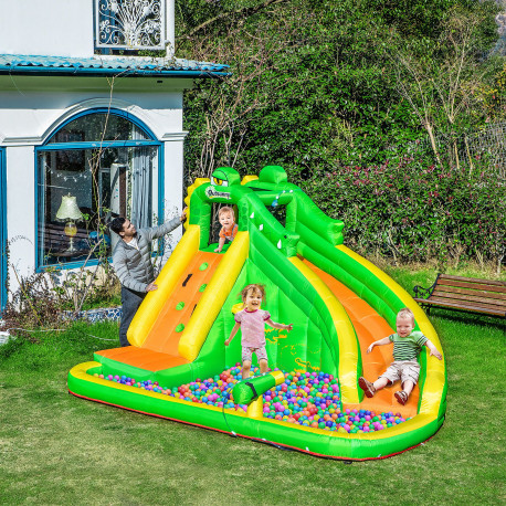 Outsunny 5 in 1 Kids Bouncy Castle Large Crocodile Style Inflatable House Slide Basket Water Pool Gun Climbing Wall with Blower 