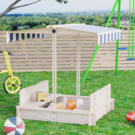 Outsunny Kids Wooden Sand Pit with Lids Children Sandbox Height Adjustable Canopy for Garden, Convertible Bench Seat Outdoor Bac