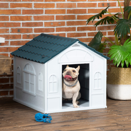 PawHut Plastic Weather-Resistant Dog House, for Indoors and Outdoors, Medium Dogs - White and Blue