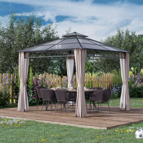 Outsunny 3 x 3 (m) Outdoor Polycarbonate Gazebo, Double Roof Hard Top Gazebo with Galvanised Steel Frame, Nettings & Curtains fo