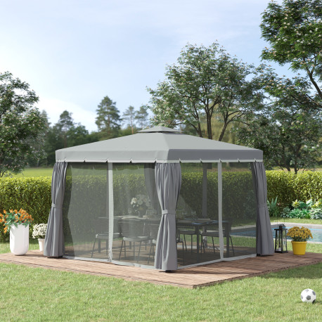 Outsunny 3 x 3(m) Patio Gazebo Canopy Garden Pavilion Tent Shelter Marquee with 2 Tier Water Repellent Roof, Mosquito Netting an