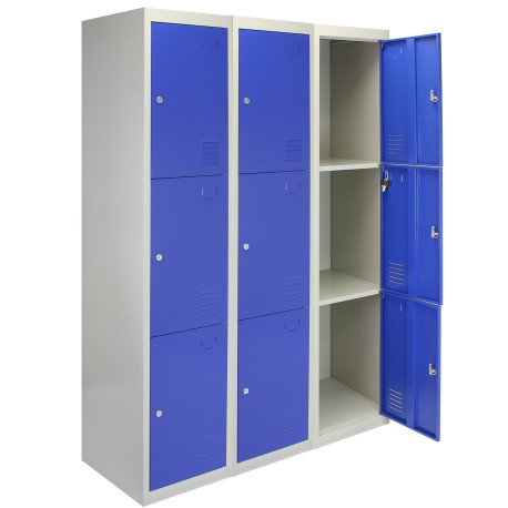 3 x Metal Storage Lockers - Three Doors, Blue - Flatpack