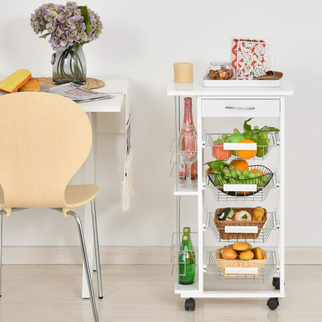 Rolling Kitchen Cart, Utility Storage Cart with 4 Basket Drawers & Side Racks, Wheels for Dining Room, White