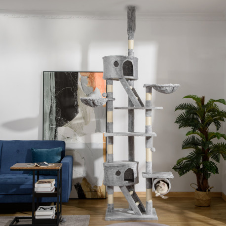 PawHut Floor to Ceiling Cat Tree for Indoor Cats, 240-260cm, Adjustable Height - Light Grey