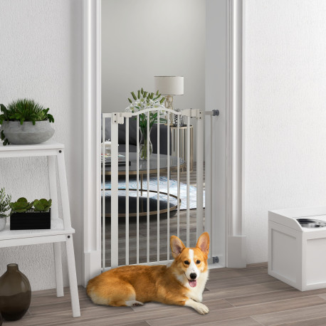 PawHut Pressure Fit Dog Stair Gate No Drilling Safety Gate Auto Close for Doorways, Hallways, 74-80cm Adjustable, 94cm Tall, Whi