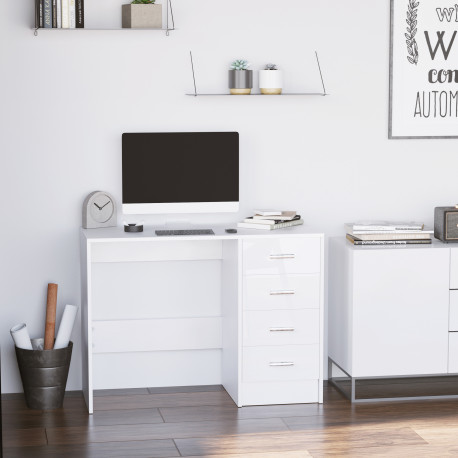 Computer Desk with Drawers, Dressing Table, High Gloss Home Office Writing Workstation, White