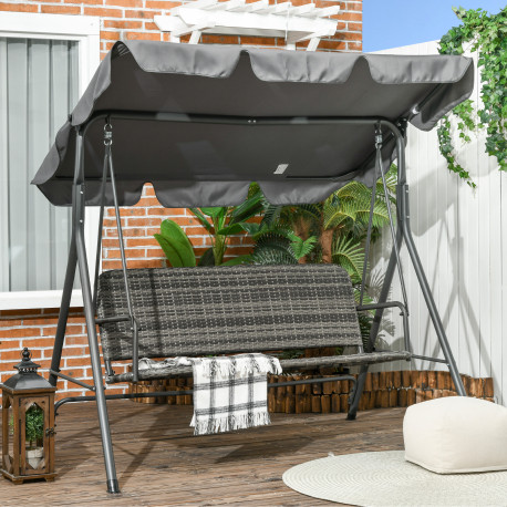 Outsunny 3-Seater Outdoor PE Rattan Swing Chair, Patio Wicker Hanging Swing Bench with Steel Frame Stand & Adjustable Canopy, Gr