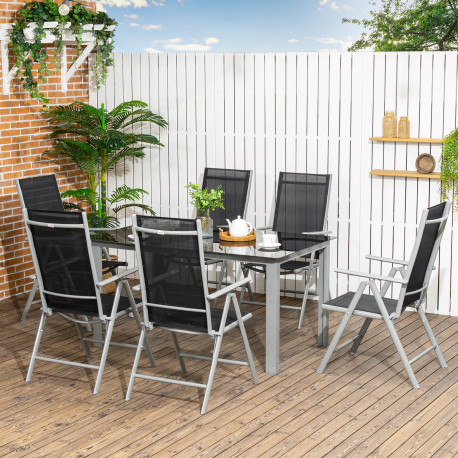 Outsunny 7 Piece Garden Dining Set, Outdoor Table and 6  Folding and Reclining Chairs, Aluminium Frame, Tempered Glass Top Table