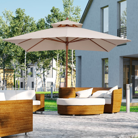 Outsunny 3 x 3 metre Patio Parasol Garden Umbrellas Sunshade Outdoor Wooden Parasol Canopy Double Tier, Beige, BASE NOT INCLUDED