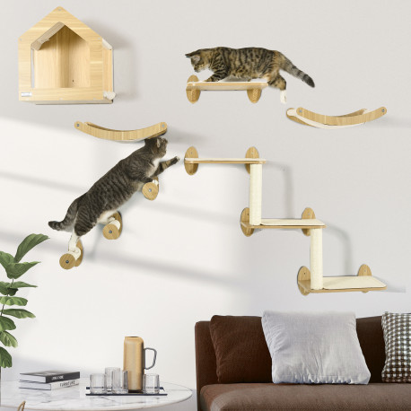 PawHut 8 Piece Cat Shelves Set, with Cat House, Three Perches, Three Scratching Posts