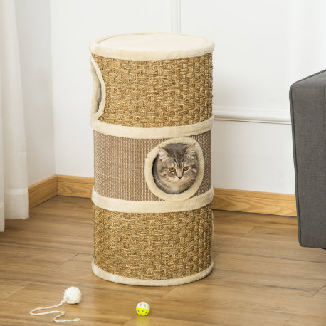 PawHut Cat Scratching Barrel Kitten Tree Tower for Indoor Cats Pet Furniture Climbing Frame Covered with Sisal and Seaweed Rope 