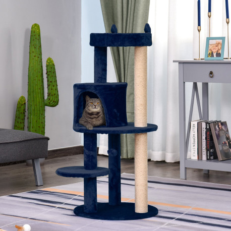 PawHut 104 cm Cat Tree, Cat Condo Tree Tower, Cat Activity Centre with Scratching Posts, Plush Perches, Hanging Ball - Blue