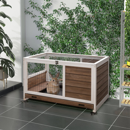 PawHut Wooden Guinea Pig Hutch, 2-Floor Bunny Cage w/ Enclosed Run Area, Brown