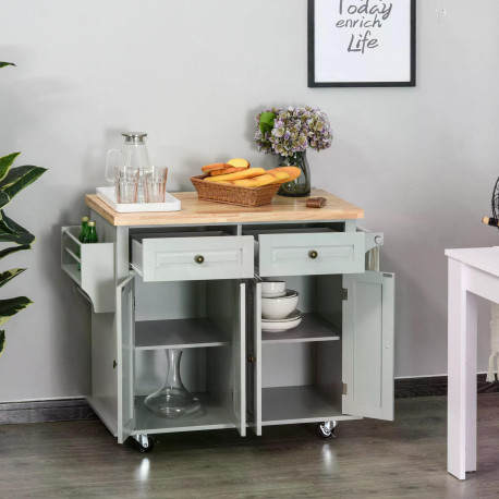 Rolling Kitchen Island Storage Trolley with Rubber Wood Top & Drawers for Dining Room, Grey