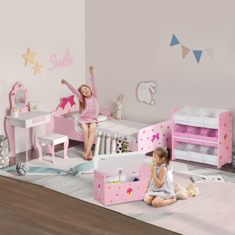 ZONEKIZ 5PCs Kids Bedroom Furniture Set with Bed, Toy Box Bench, Storage Unit, Dressing Table and Stool, Princess Themed, for 3-