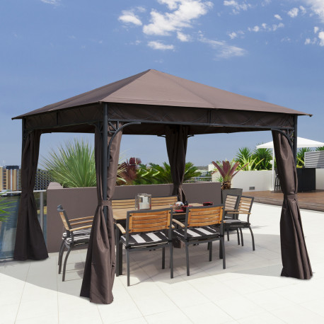 Outsunny 3 x 3(m) Garden Gazebo, Outdoor Gazebo Canopy Shelter with Curtains and Steel Frame for Lawn, Yard and Deck, Coffee