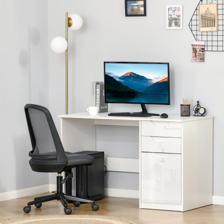 Computer Desk with Drawers, High Gloss Home Office Desk with Storage Cabinet, Study Workstation, 120 x 60cm, White