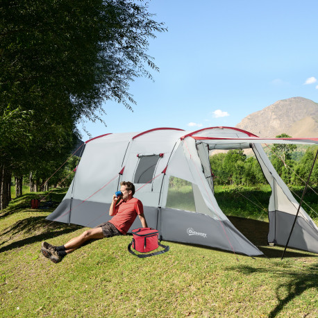 Outsunny 6-8 Person Tunnel Tent, Camping Tent with Bedroom, Living Room, Sewn-in Floor, 3 Doors and Carry Bag, 2000mm Water Colu